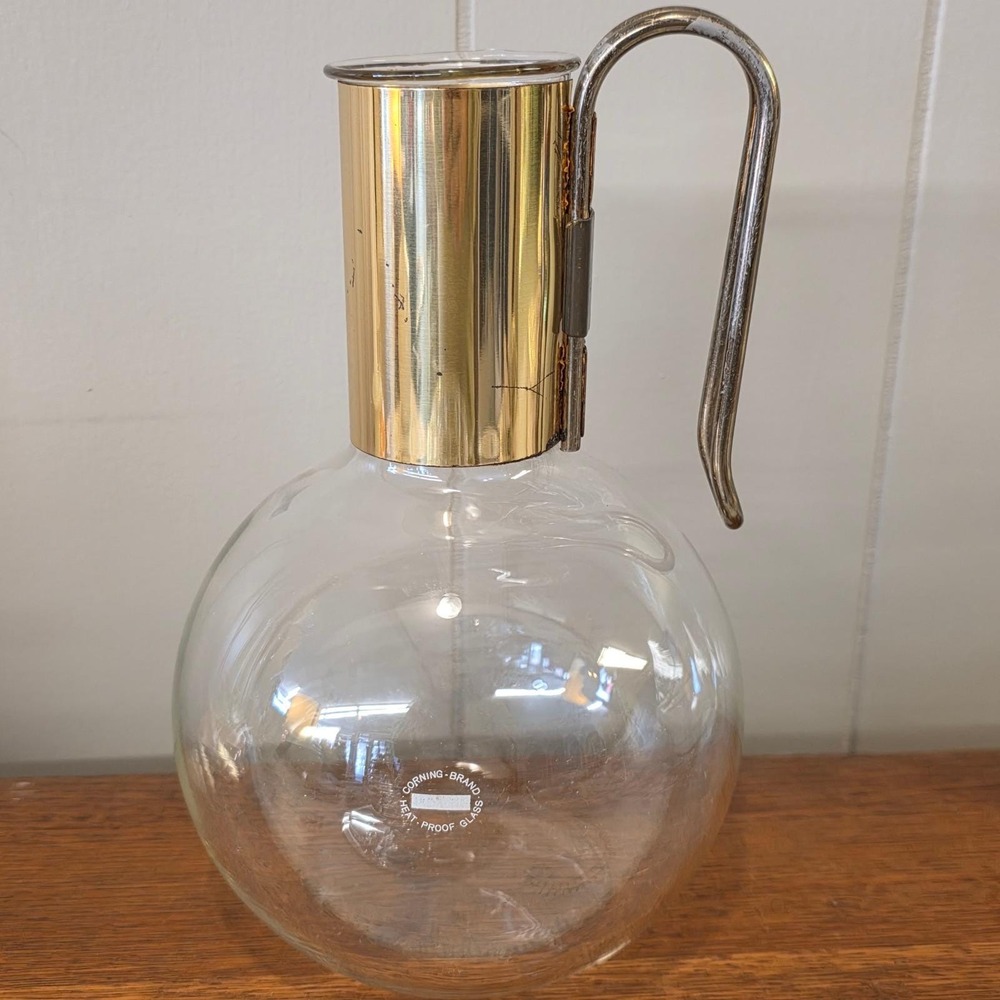 Vintage 70s Corning Ware Glass Carafe Coffee Pot‎ Globe Gold Handle